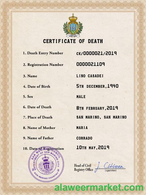 San Marino vital record death certificate PSD template